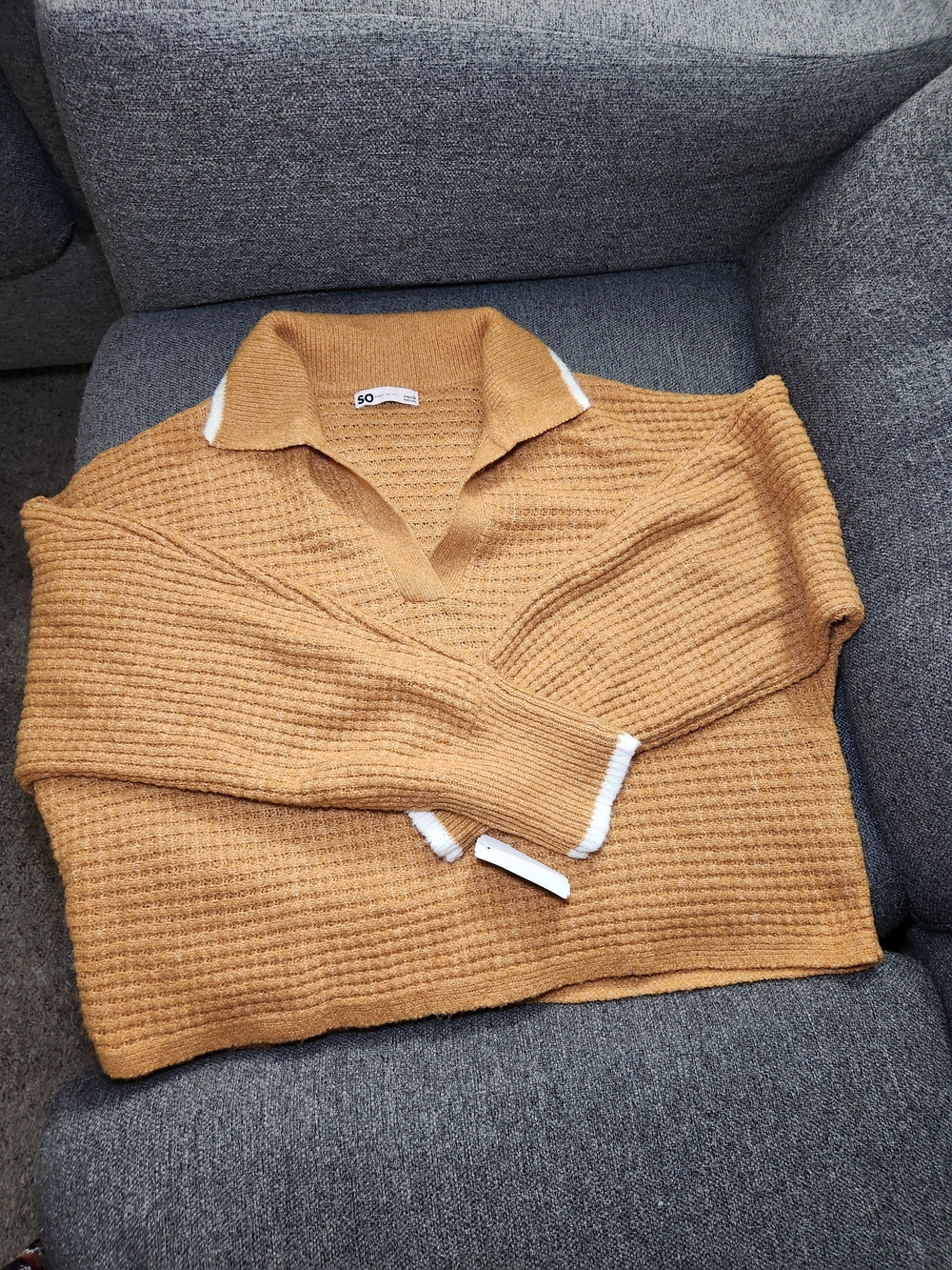 SO Men's Mustard V-Neck Knit Sweater with White Trim